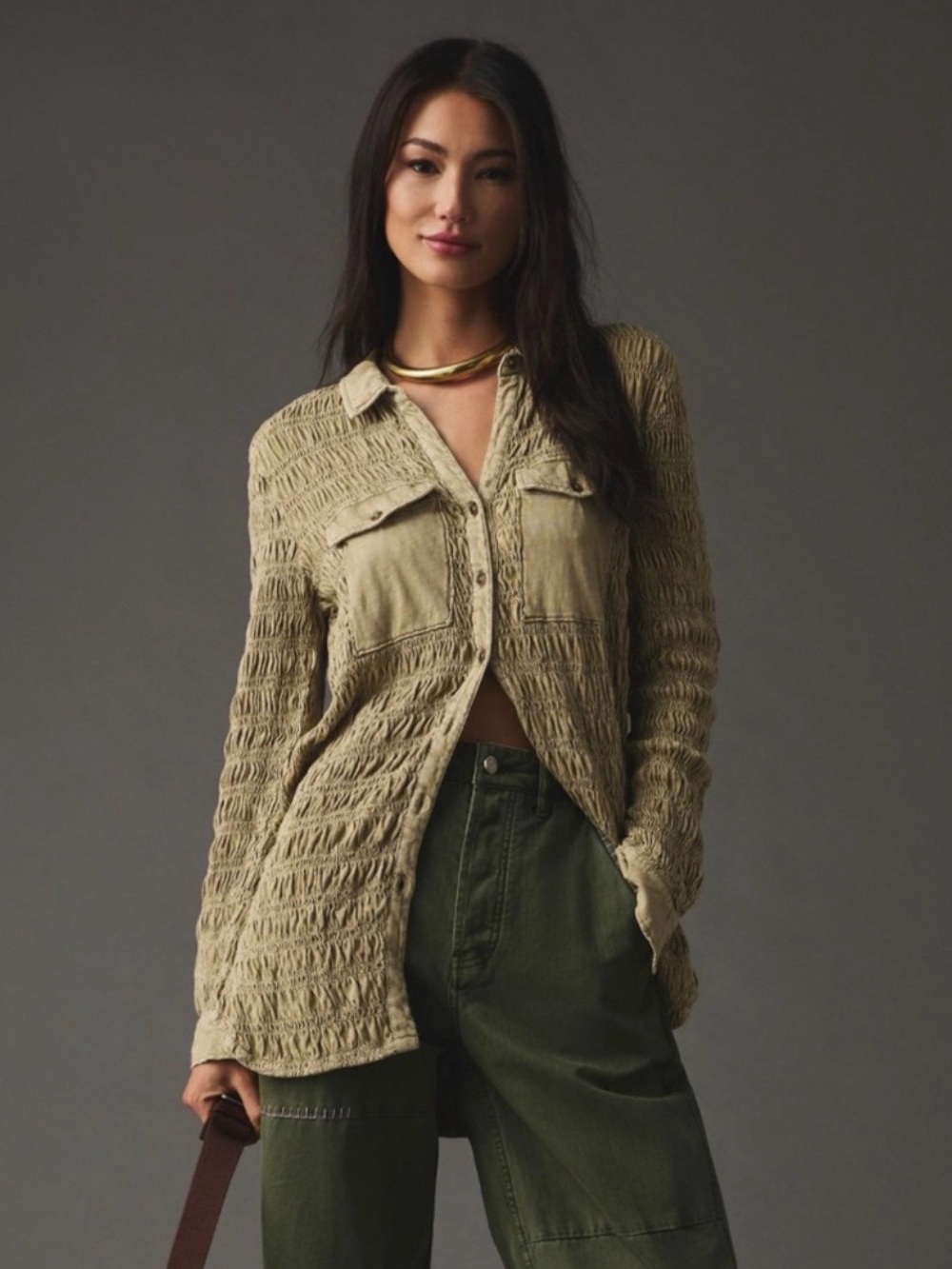 Pilcro Olive Green Textured Button-Down Shirt